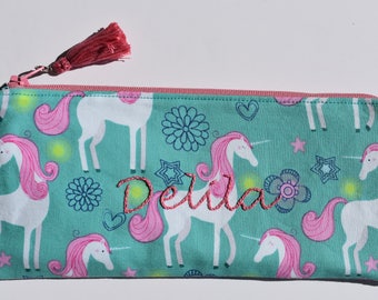 Unicorn Zippered Pouch. Birthday Girl. Unicorn Party. Magical Girl. Pink Unicorn. Little Girl Gift. Personalize. Hand Embroidery. Under 25.