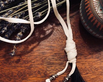 White Deerskin Leather Necklace with Black Horsehair Tassle and Metal Beads