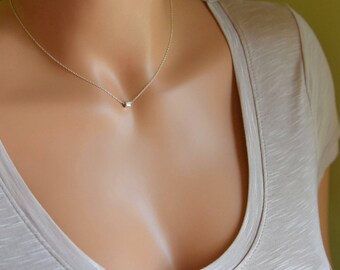 Silver Cube Bead Necklace / Dainty Silver Necklace / Simple Everyday Necklace / Geometric Layering Necklace, Minimal Necklace