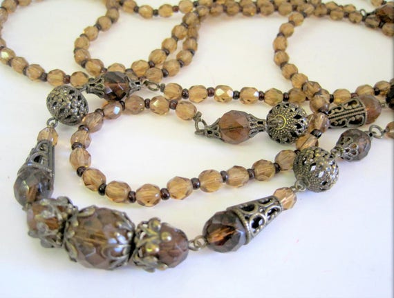 Topaz Necklace, Vintage Glass Bead Flapper, Art Deco, 60 Inch Long Necklace, Smokey Topaz, Spectacular Statement Necklace