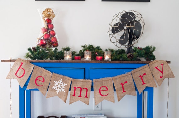 Christmas Banner Be Merry Burlap Banner Holiday Banner