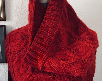 Ruby Red Cowl - Hand Knitted Lace Cowl - Merino