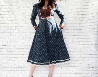 Vintage 70s Gunne Sax Navy Calico Velvet Trim Victorian Prairie Midi Dress M L Puff Sleeves Pockets