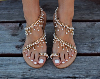 Greek sandals "Caliope", Pearl sandals, Wedding sandals, Leather sandals, Bridal sandals, Handmade sandals, Chic sandals, White sandals