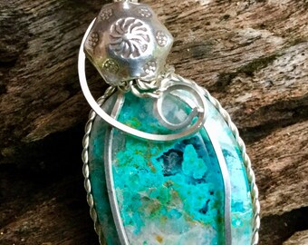 Sterling silver hand wrapped Chrysocolla pendant