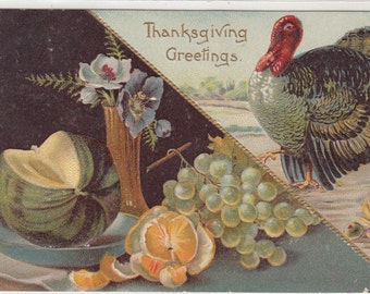 Embossed Antique Thanksgiving On Diagonal Turkey On One Side,Flowers&Fruit Below, Postcard