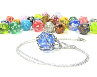 Removable d20 Necklace and Key Chain Combo - Use Your Own Dice! - Comes With One Free Die (Random) - Stainless Steel Chainmaille