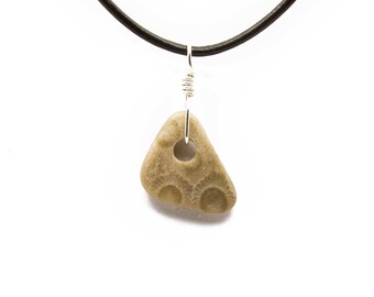 Petoskey Stone Necklace Matte Petoskey Stone Jewelry Pendant Michigan Coral Fossil Beach Stone Leather Silver Gift for Women Her ET223