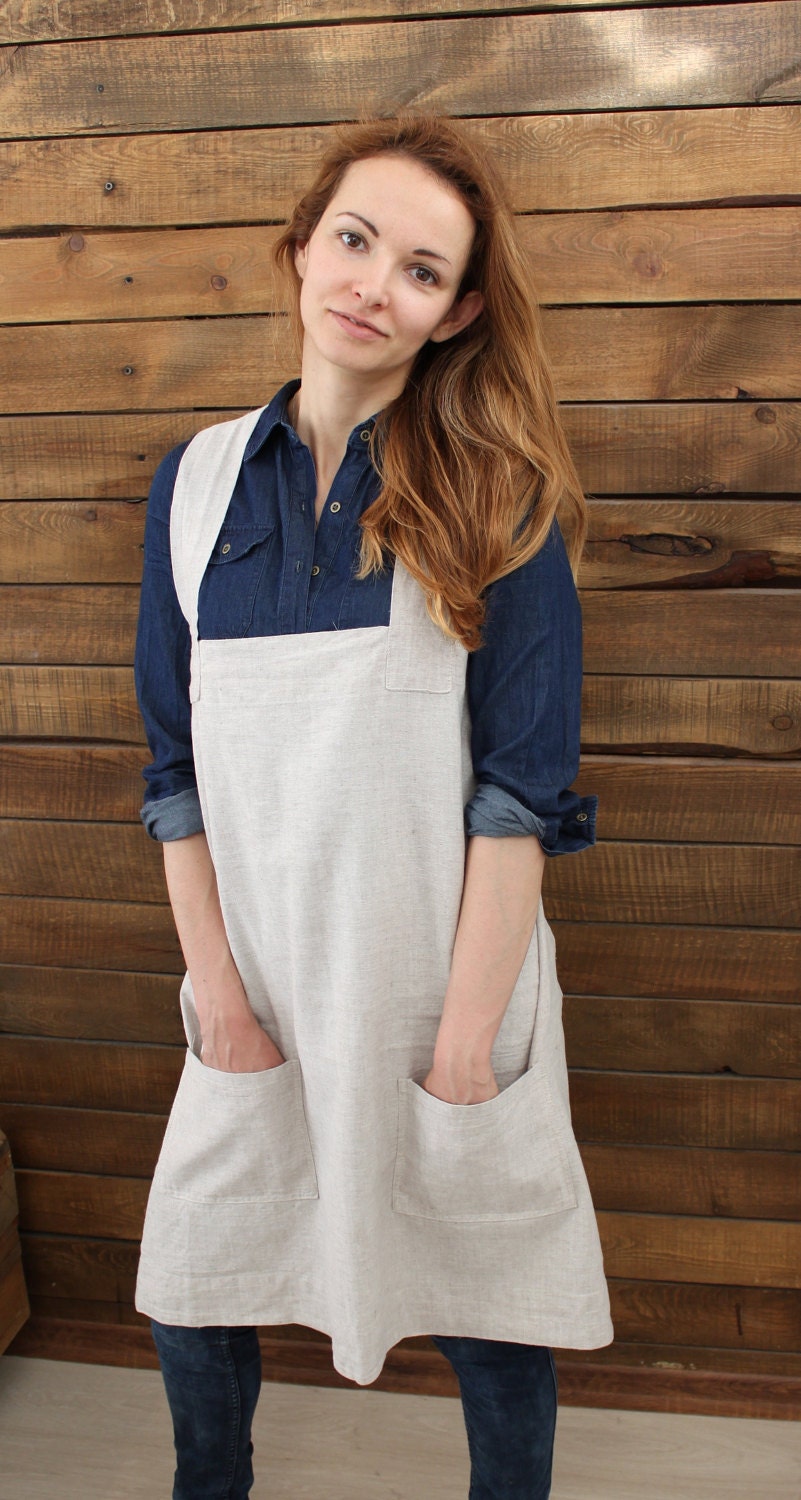 Linen pinafore apron cross back apron gapanese apron no tie