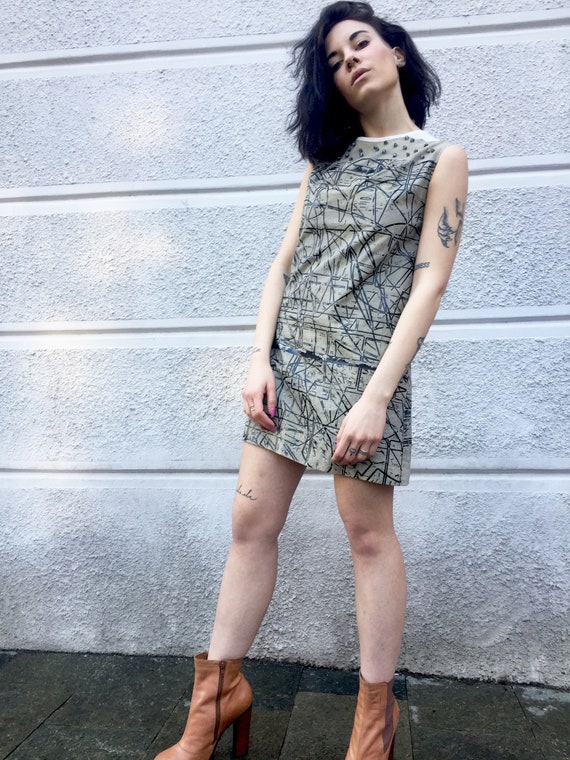 Screen printing LOLA DARLING Mini Dress Art Work Clothing "Pantograffiti" A. LUGLI Unique Weareable Painting Dress One of a Kind Embroidery