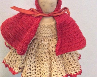 Vintage cloth doll dressed as Little Red Riding Hood