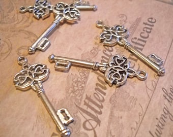 Skeleton Key Pendants Antiqued Silver Ornate Keys 45mm 10 pieces Steampunk Keys Silver Key Charms 45mm