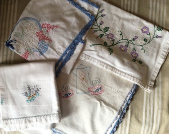 Lot Linens vintage As/Is table cloth, dresser scarves table runners 1940's stains holes for crafts