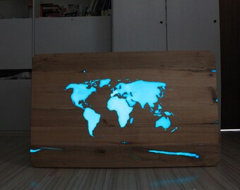 Dining table table lights world map Clow in the dark from solid wood in the dark epoxy resin