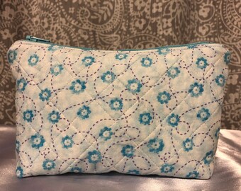 Quilted Blue Floral Zippered Pouch