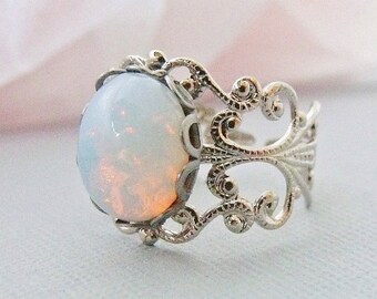 Opal Ring, White Pinfire Opal Ring, Silver Adjustable Opal Rings, October Birthstone Ring, Opal Jewelry, Gifts Under 25,