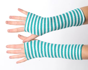 Green striped armwarmers, Pixie gloves, Long fingerless gloves vintage green and white knit, Elf helper wrist warmers, Gift for her, MALAM