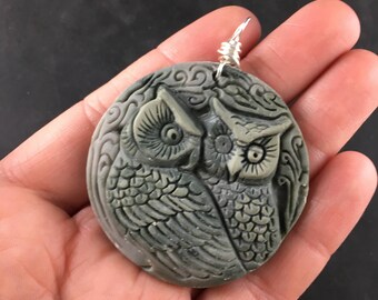 Owl Pair Mates Couple Jewelry Pendant Carved Ribbon Jasper Stone