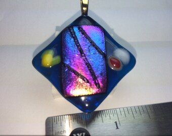 Blue, striped rainbow dichroic glass pendant