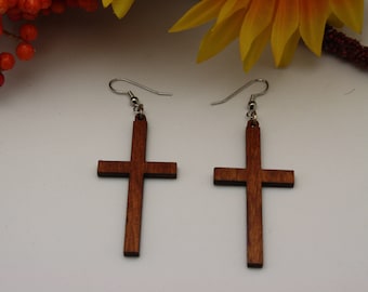 Wooden cross earrings, Cross earrings, Dangle cross earrings,