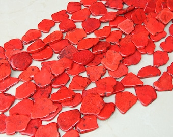 Red Magnesite Slab Stone Beads - Bright Red with Black Veining - Magnesite Slab Strand - Full Strand - 30mm x 40mm