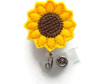 Sunflower - Retractable ID Felt Badge Holder - Name Badge Holder - Cute Badge Reel - Nursing Badge - Felt Badge Reel