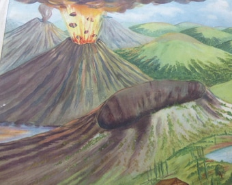 school poster for child, ROSSIGNOL vintage 1970, GEOGRAPHY n25, erupting volcano & n26 : seapage water