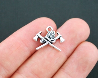 4 Fireman Charms Fire Department Charms Antique Silver Tone - SC4931