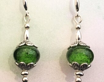 20% off St Patricks Day Sale, earrings, green, glitter, glass, lampwork, silver, crystals, handmade, original, wirework, Sassy Shack Designs