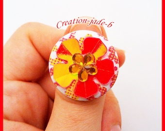 Wood with Rhinestone flower - adjustable button ring