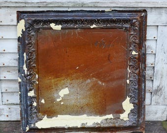 Vintage Ceiling Tile 24" Embossed Metal Ornate Brown Copper Cream Rust Chippy Distressed Paint Rusty Tin Architectural Salvage Repurpose