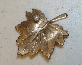 Vintage Gold Leaf Brooch with Pearl by Sara Coventry "Whispering Leaf" 2 and 3/8" Long and 2 and 1/8" Wide Previously 18 Dollars ON SALE