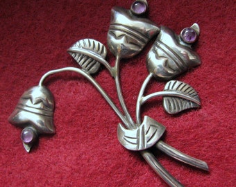 Reduced -- Vintage SERAFIN MOCTEZUMA Sterling and Amethyst Flower Brooch -- 18.8 Grams, 3" Wide, Very Spratling-Like