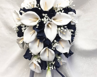 Navy Blue & White Wedding Set Cascade Bridal Bouquet ~ Gorgeous Quality Real Touch Roses Calla Lilies Silk Wedding Flowers