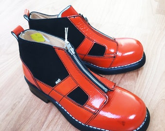 Vintage 80's Leather Black/Orange Leather Zipped Boots New Old Stock Made in France EU 34, 35