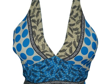 Blue Polka Dot Print Sexy Stylish Crop Top Recycled Silk Halter Tops Blouse One Size