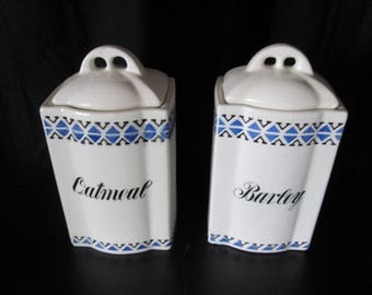 Vintage Antique White Blue Ceramic Kitchen Canisters (Set of 2) made in Germany