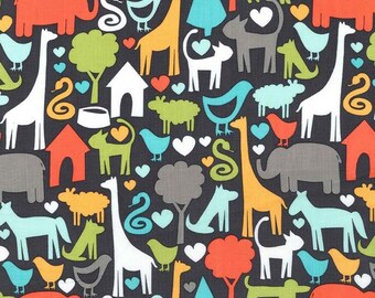 Michael Miller Safari Friends Charcoal Animal World Fabric - 1 yard