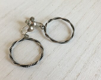 Vintage Clip on Braided Twisted Sterling Hoop Earrings