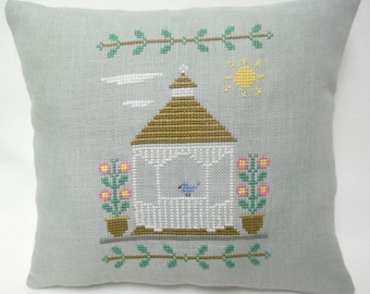 Gazebo Cross Stitch Mini Pillow, Spring Summer Decor, Flowers, Outdoor Structure