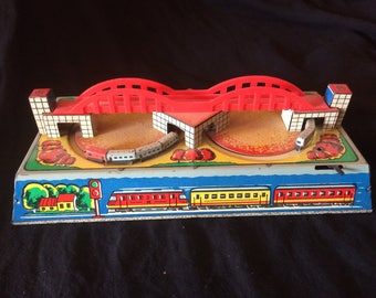 Vintage Tin Toy, Wind Up Toy, Two Trains Passing Under a Bridge - 1970