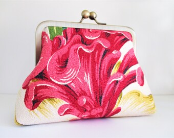 Pink Celosia Flower with Yellow and Green Leaves on White Ground Vintage Barkcloth Fabric 6" Antique Brass Kisslock Frame Clutch Wristlet