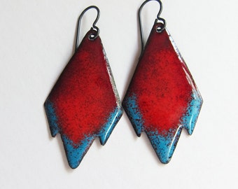 Red and turquoise blue tribal earrings Geometric bohemian jewelry Niobium enamel dangle earrings Aztec southwestern boho drops