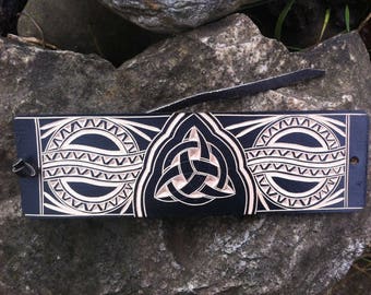 Black celtic triquetra hand carved leather bracelet - tooled leather jewelry