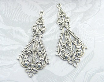 Antiqued Silver Filigree, Earring Dangle, Brass Pendant, Brass Stamping 20mm x 43mm - 4 pcs. (sl115)