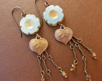 Unique Rustic Woodland Earrings, Long Blue Boho Flower & Copper Dangles on Niobium Ear Wires, Earthy Botanical Gypsy Jewelry, Gift for Her