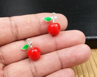 Pair of Red Apple Charms Red Enamel Apple Pendants Diy Jewelry Supply 3D Charms Pendants Green Leaf Apple Fruit Earrings Bracelets Necklaces