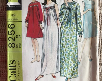 Vintage 1960's McCall's 8256 Sewing Pattern Misses' Nightgown