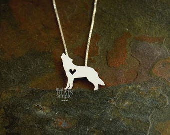 Wolf necklace, sterling silver, tiny silver hand cut pendant with heart