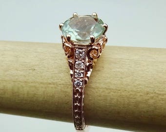 Vintage Engagement Ring 14K Rose, Yellow or White Gold Green Aquamarine Color Amethyst with Diamonds Antique Style